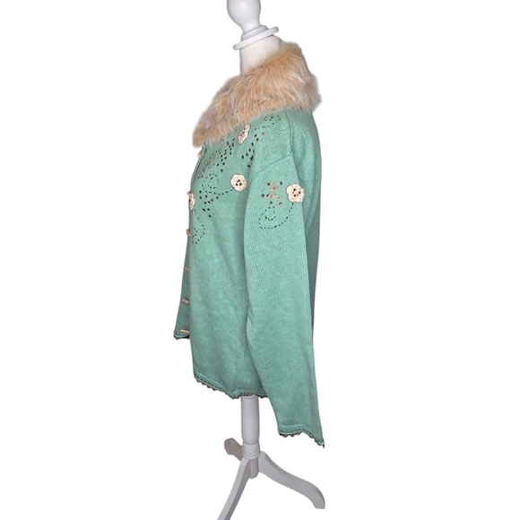 Vintage Storybook Knits Womens Mint Green Cardigan Floral Sz M Faux Fur Collar - Picture 4 of 13